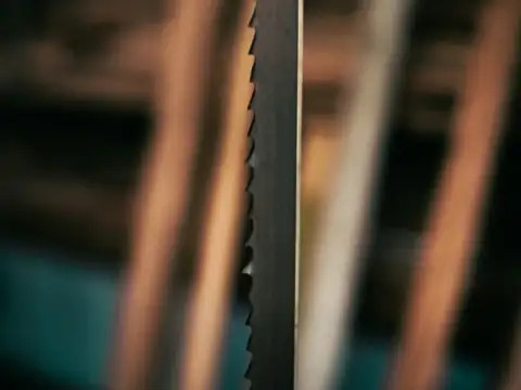 Close-up of saw blade teeth against timber