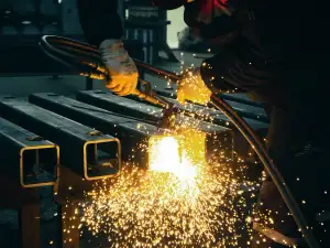 Welder cutting steel sections with sparks flying